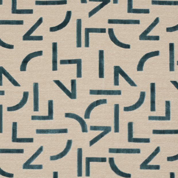 Mori Deep Teal swatch is a dark cream background with juxtaposing sleek lines with organic shapes in a deep teal shade