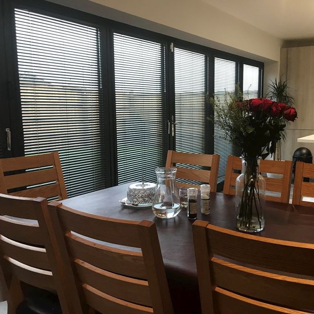Portfolio black gloss perfect fit venetian blinds in dining room