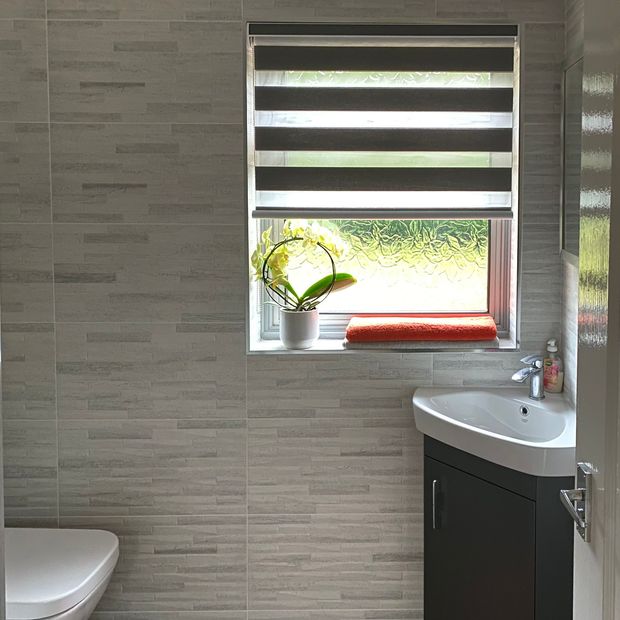 dusk dark beige dimout day and night blinds in bathroom