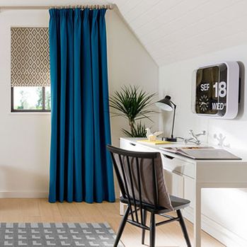 Terbury Wedgewood Made to Measure Pencil Pleat Curtains combined with Lavern Sulphur Roman Blinds in a Study room