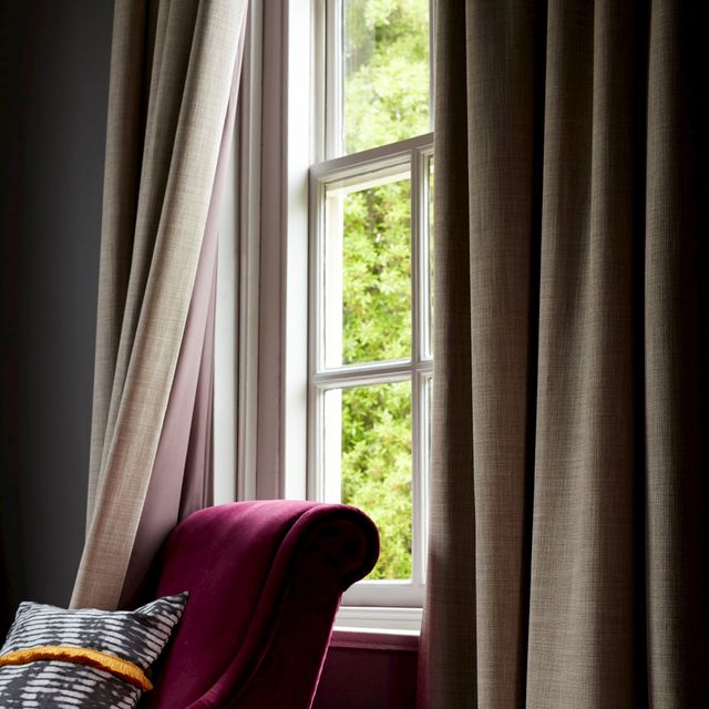 Amis Buff Curtains With Tanner Lining And Cadillac Noir Cushion With Colette Soleil Fringing