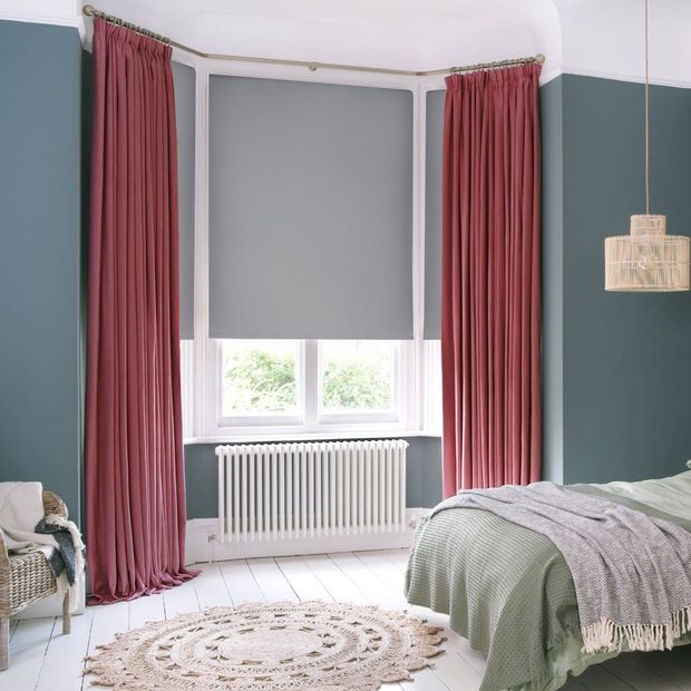 harper punch floor length bedroom curtains paired with cordova grey roller blinds