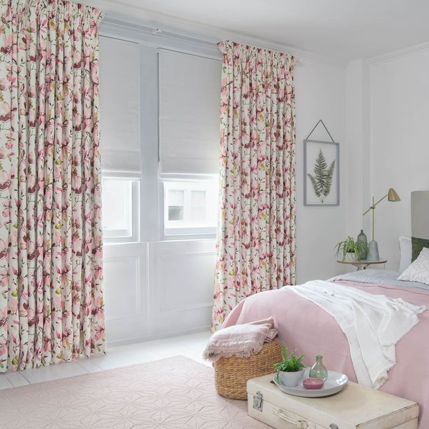 forenza rose curtains with islita white roman on bedroom window