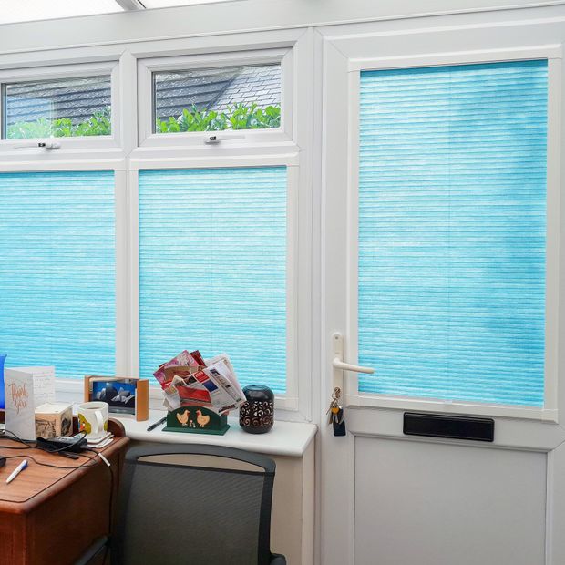 shimmer teal perfect fit pleated blinds in conservatory office