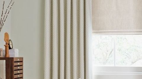 Mineral Chalk Roman blind and Rattan Stone Curtains