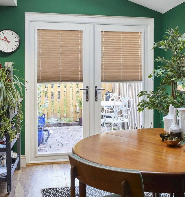 perfect fit grenoble chocolate pleated blinds on french door in dining room