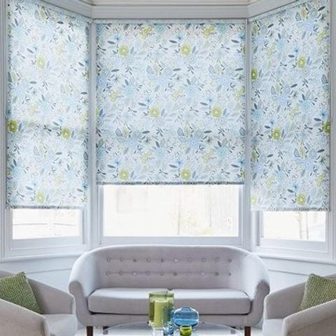 Light Living Room with Floral Betsy Blue Roller Blinds