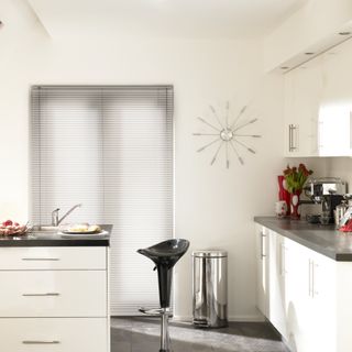 White Aluwood Alpine Venetian blinds in a modern kitchen