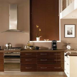 Dark Aluwood Mahogany blinds in a modern kitchen
