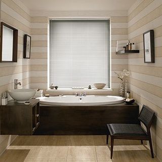 Sheer Luxury Brushed Nickel Venetian blinds in a cosy bathroom