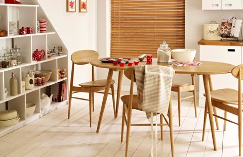 Haywood Sand Wooden blind in kitchen with dining table and red accent decor