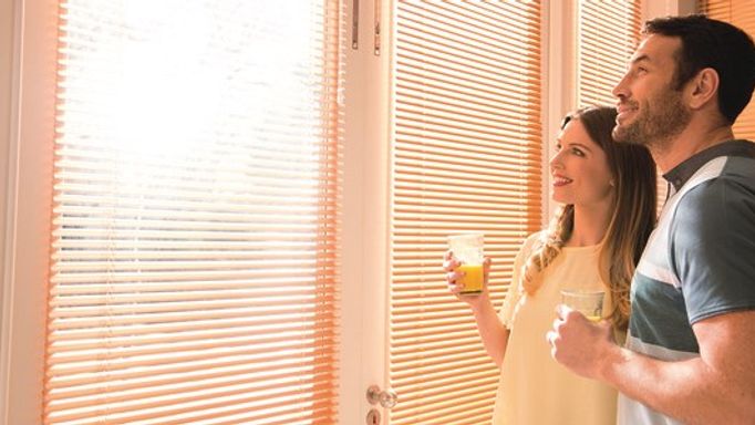 Copper shaded Venetian blinds used to control sunlight