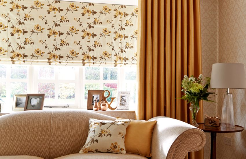 Lambay_Gold_Roman_blind_with_Erika_Golden_Yellow_Curtain