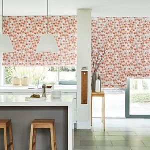 Coral Honesty Persimmon Roman Blinds in the kitchen
