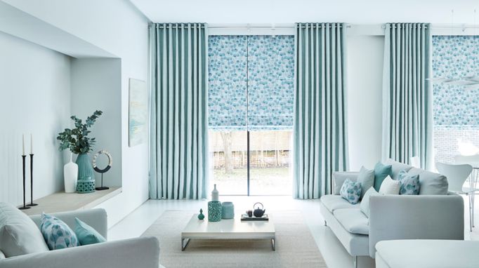  Blue Eyelet Curtain with Blue Roman Blind - Zen collection Honesty Mist Roman-blind with Origami Mist Eylet Curtains