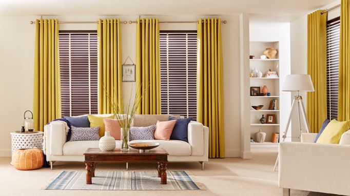 Mustard Eyelet Curtains in living room
