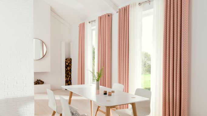 Salmon Pink Eyelet Curtains in the Dining Room - horizon salmon