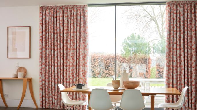 Floral Patterned Made to Measure Pencil Pleat Curtains in a Dining Room Window - Honesty Persimmon