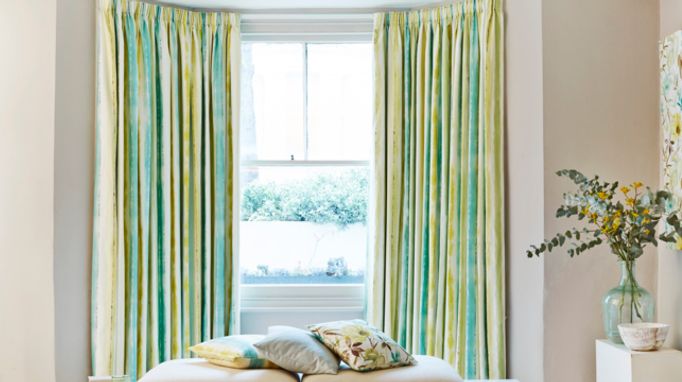 Made to Measure striped Pencil Pleat Curtains in a Bay WIndow - Cascade Citrine