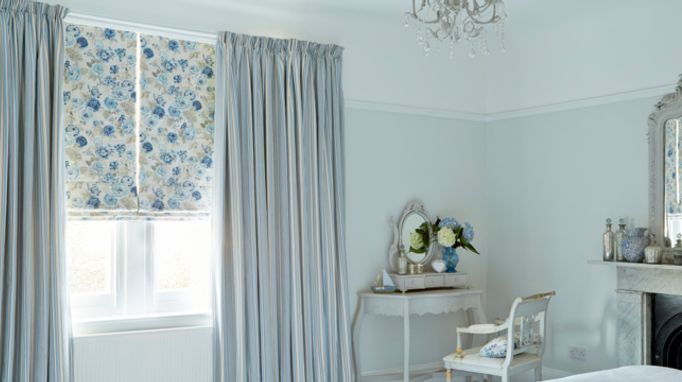 Blue Made to Measure Pencil Pleat Curtains Combined with a Roman Blind in the Bedroom