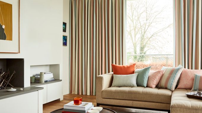 Made to Measure Beige Pinch Pleat Curtains in a lounge - Mishima Dawn Pinch Pleat Curtain