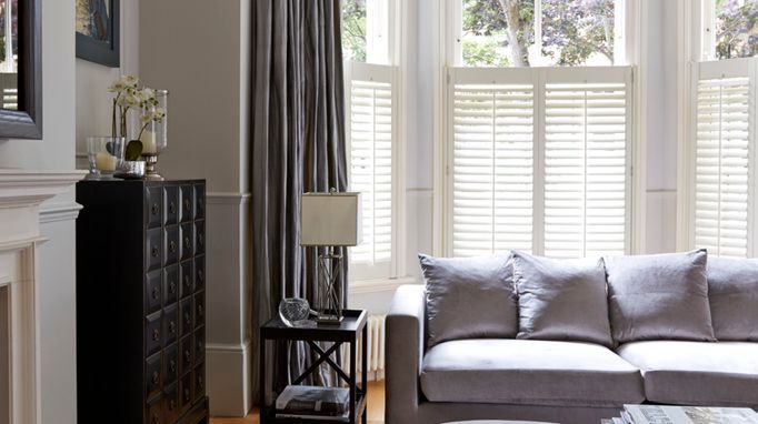 Pure White cafe-style Shutters with Erika Charcoal Curtains