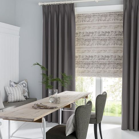 Minimalist Dining Room with Grey Kitchen Curtains 