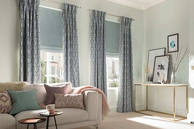 blue patterned curtains living room