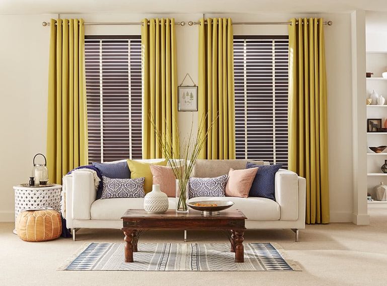 mustard curtains in living room