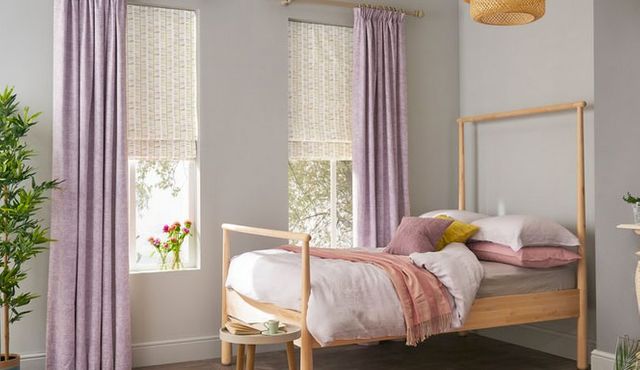 Lavender full length curtains with romans in a roomset