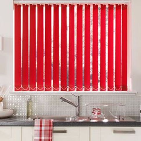 Red vertical blinds fitted to a small rectangular window above a sink in a white decorated kitchen
