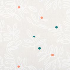 grey fabric with a white floral design that features orange and blue dots