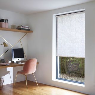 Modern Minimalist Home Office with white pattern roller blind