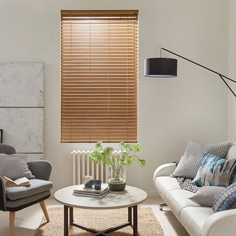 Modern living room with faux wood venetian blinds