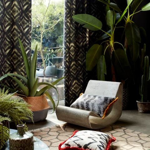 Black and gold decorated curtains fitted to a window in a living room that has cushions scattered on the floor and plants all around the room