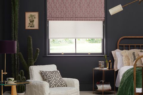 bedroom with nexus blush roman blind with blackout lining