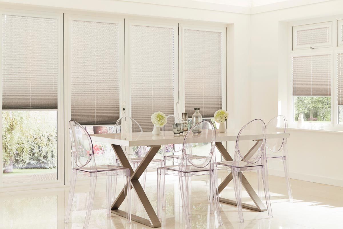 What Are The Best Blinds For Patio Doors Hillarys   Dining Room With Perfect Fit Grey Studio Pleated Blinds On Doors And Windows 