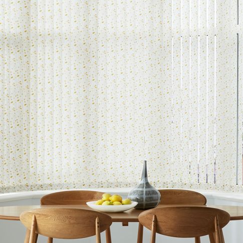 Retro style dining room with floral vertical blinds