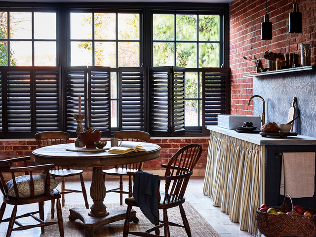 Cafe-style kitchen shutters in Black Walnut