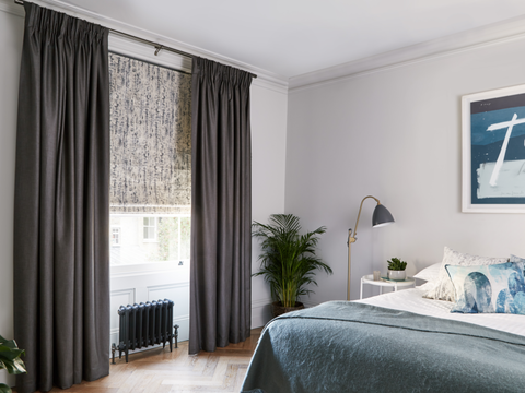 Bedroom with Opulence Smoke curtains and Mirage Smoke Roman curtains