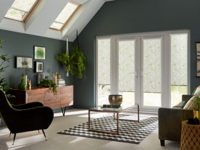 Greenery Tropical PerfectFit blinds in a living room