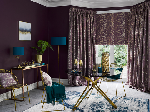 Stylish Lavender curtains and Roman blinds in living room