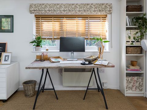 Oakwood Faux Wooden blinds hung in home office