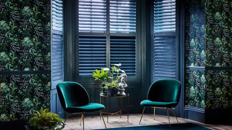 Green custom colour shutters in a living room