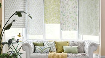 Petula Olive, Tropical Garden Green and Greenery Tropical roller blinds in window