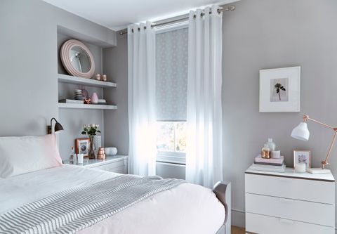 Astro White Voile Curtains paired with Sphere Blush Light Grey Roller Blinds in a Peaceful Bedroom