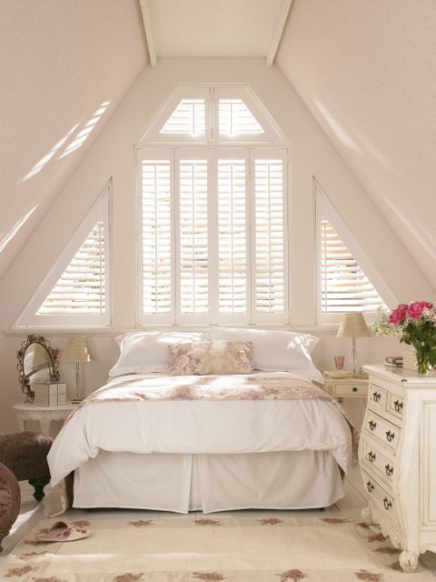 Warwick Traditional Silk White Shutters in attic bedroom