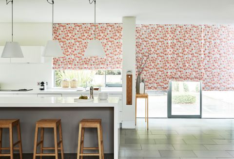 Coral Honesty Persimmon Roman Blinds in the kitchen