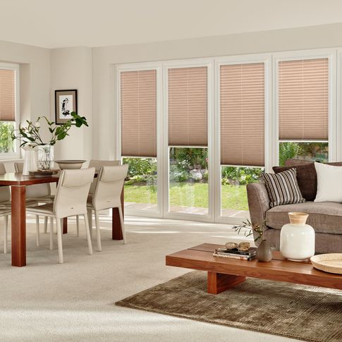 Grenoble Taupe Specialist Pleated blinds in conservatory room