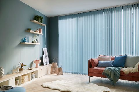 Modern scandi design living room with blue vertical blinds